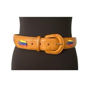 Harken USA Made Vintage Leather Belt Tan Colorful Inlay Western Boho Med 28–32